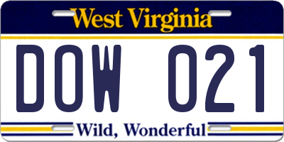 WV license plate DOW021