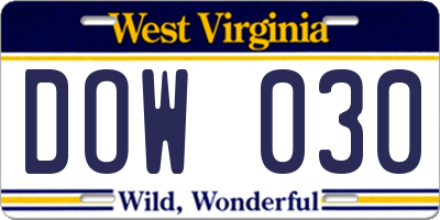 WV license plate DOW030