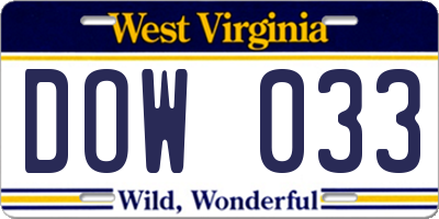 WV license plate DOW033