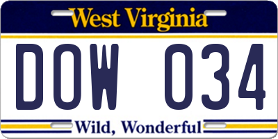 WV license plate DOW034