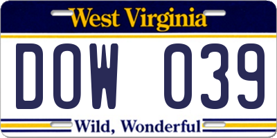 WV license plate DOW039
