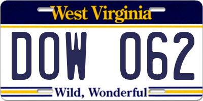 WV license plate DOW062