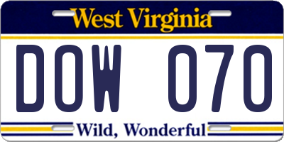WV license plate DOW070