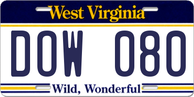 WV license plate DOW080
