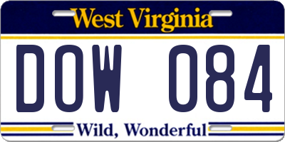 WV license plate DOW084
