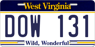 WV license plate DOW131
