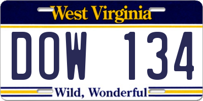 WV license plate DOW134