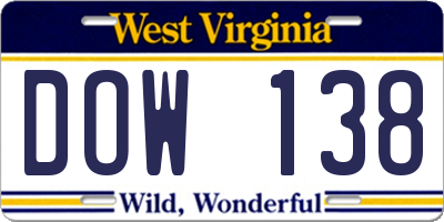 WV license plate DOW138