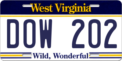 WV license plate DOW202