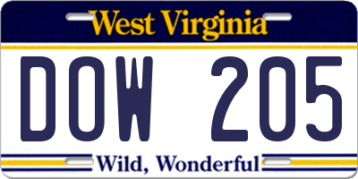 WV license plate DOW205