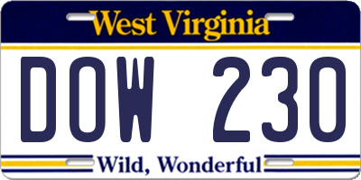 WV license plate DOW230