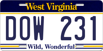 WV license plate DOW231
