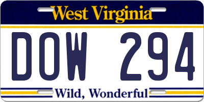 WV license plate DOW294