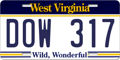 WV license plate DOW317