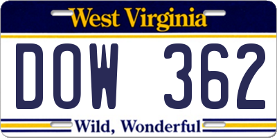 WV license plate DOW362