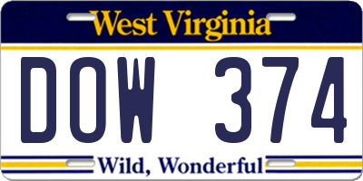 WV license plate DOW374