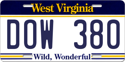 WV license plate DOW380