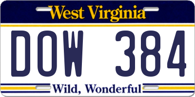 WV license plate DOW384