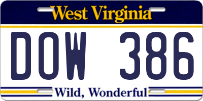 WV license plate DOW386