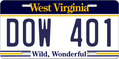 WV license plate DOW401