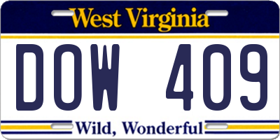 WV license plate DOW409