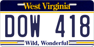 WV license plate DOW418