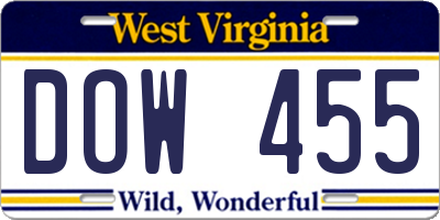 WV license plate DOW455
