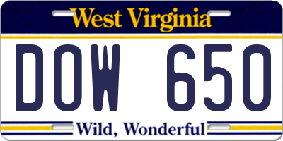 WV license plate DOW650