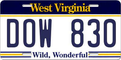WV license plate DOW830