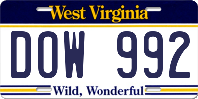 WV license plate DOW992
