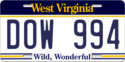 WV license plate DOW994