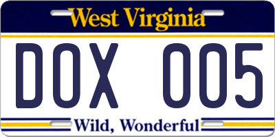 WV license plate DOX005