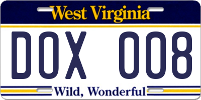 WV license plate DOX008