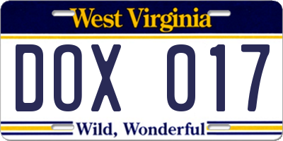 WV license plate DOX017
