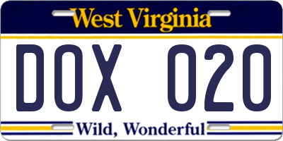 WV license plate DOX020
