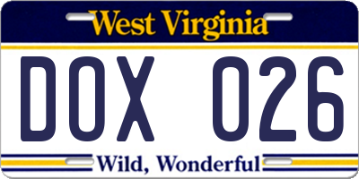 WV license plate DOX026