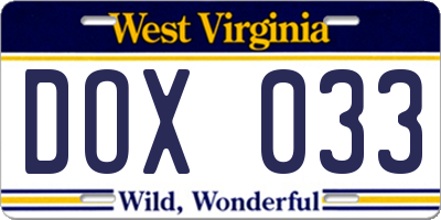 WV license plate DOX033