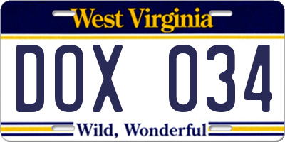WV license plate DOX034