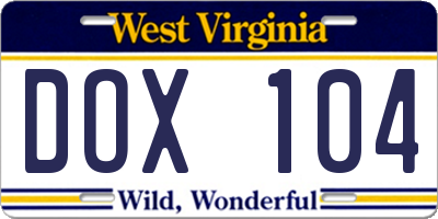 WV license plate DOX104