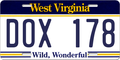 WV license plate DOX178