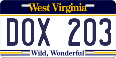 WV license plate DOX203