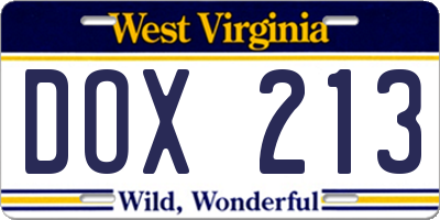 WV license plate DOX213