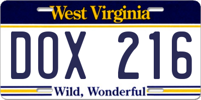 WV license plate DOX216