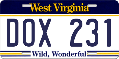 WV license plate DOX231