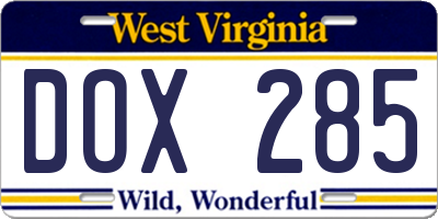WV license plate DOX285