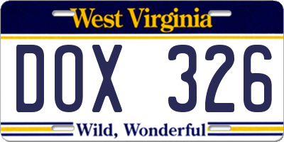 WV license plate DOX326