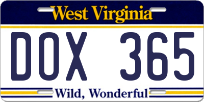 WV license plate DOX365