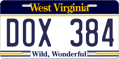 WV license plate DOX384