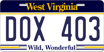 WV license plate DOX403