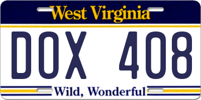 WV license plate DOX408